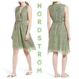 Nordstrom Signature Handkerchief Hem Silk Dress green floral surplice. Sz 14